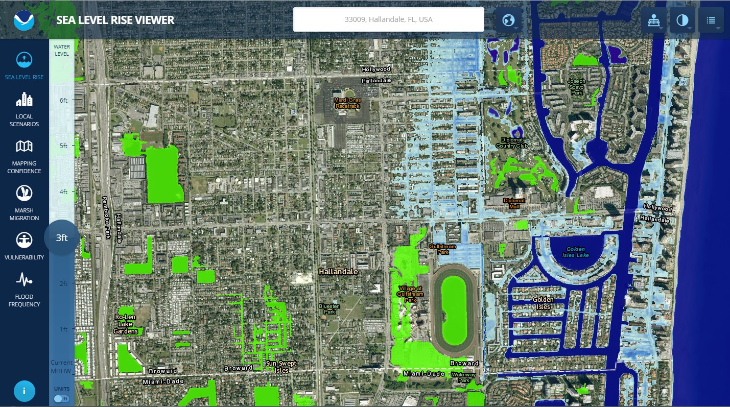 Sea Level Rise Viewer showing ptotential flooding impacts throughout Hallandale Beach, Florida